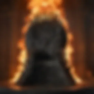 A thematic representation of the Iron Throne surrounded by flames.