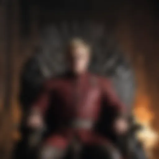 Joffrey Baratheon seated on the Iron Throne, embodying power and cruelty.