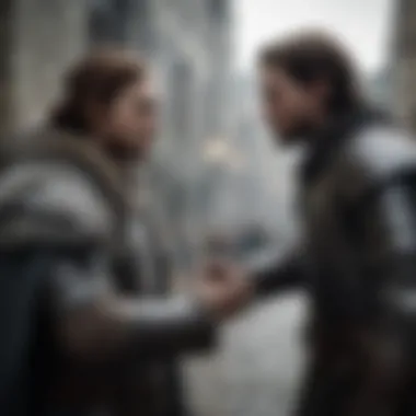 A dynamic scene capturing intense interactions between characters in a fictional setting from Game of Thrones.