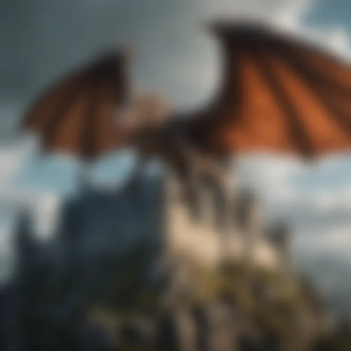 An artistic depiction of a dragon soaring over a medieval castle.