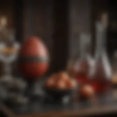 A mysterious alchemical setup featuring dragon eggs and intricate glassware