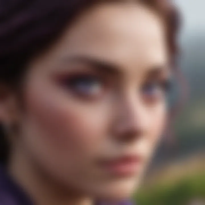 A close-up of violet eyes surrounded by a dreamy landscape, illustrating allure.