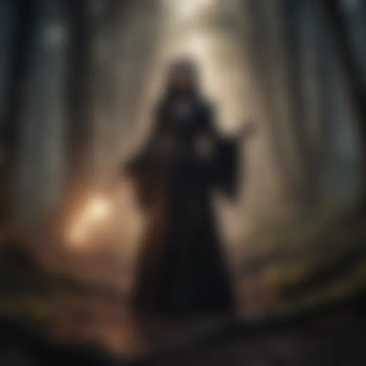 A dark sorceress casting a spell in a shadowy forest