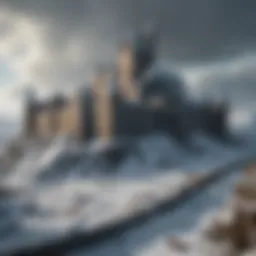 A grand Stark castle nestled in the snow-covered landscape of the North, showcasing its imposing towers and stone walls.