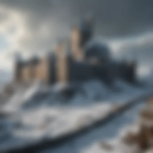 A grand Stark castle nestled in the snow-covered landscape of the North, showcasing its imposing towers and stone walls.