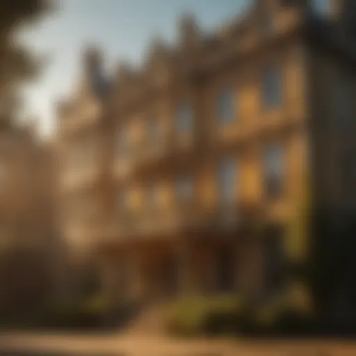 Facade of Caswell House bathed in golden sunlight