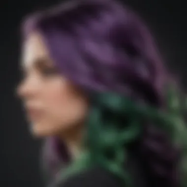 Abstract swirls of purple and green hair dye creating a mesmerizing visual effect