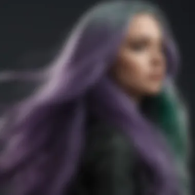 Ethereal blend of purple and green hair dye on long flowing locks