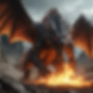 Fiery dragon breathing flames in a mythical landscape