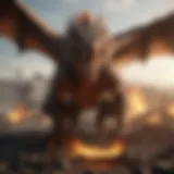 A fiery dragon soaring above the battlefield, symbolizing destruction and power.