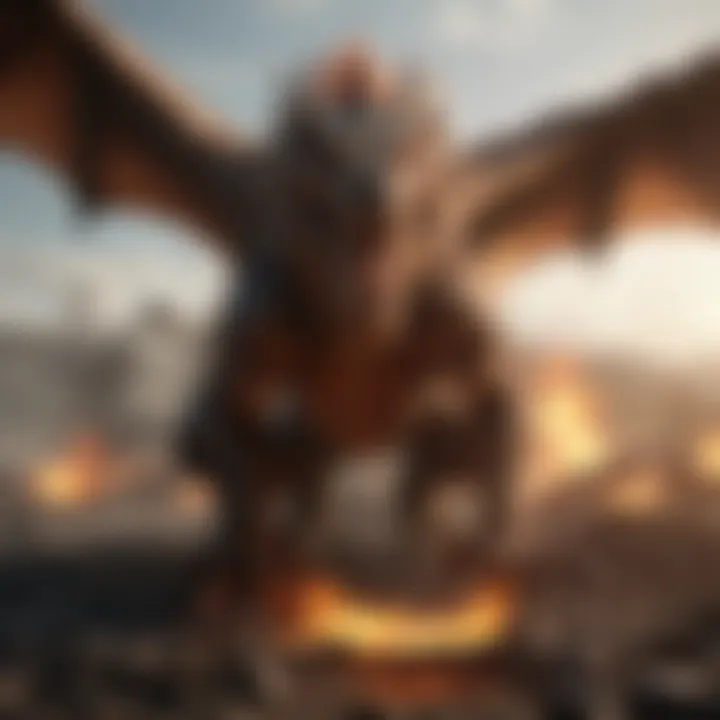 A fiery dragon soaring above the battlefield, symbolizing destruction and power.