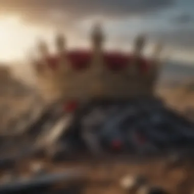 The Heavy Crown of Glory A crown resting on a battlefield littered with swords and shields, depicting the cost of glory.