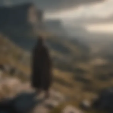 Contemplation Amidst Chaos A somber figure standing at the edge of a cliff, looking out over the war-torn landscape.