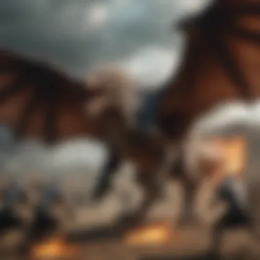 Epic battle scene from Game of Thrones with dragons soaring above