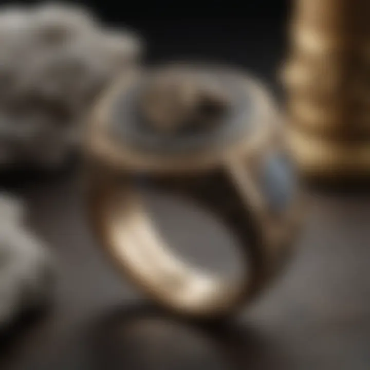 A close-up of a Game of Thrones house ring with intricate details