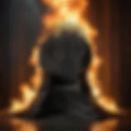 A visual representation of the Iron Throne surrounded by flames