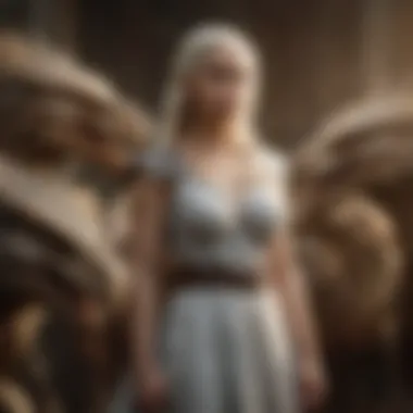 Daenerys Targaryen standing with her dragons, representing her fierce determination.