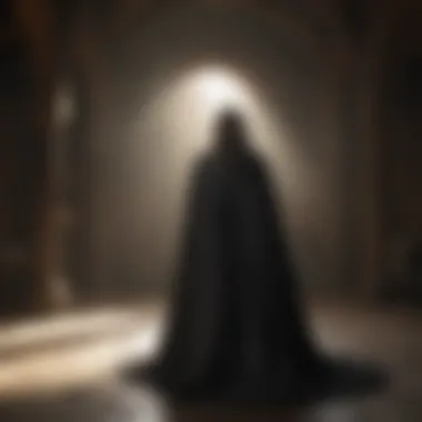 Cloak of Dual Allegiance A cloak half-draped in shadows and half-illuminated by a beam of light, representing the dual allegiance and hidden motives within the Houses