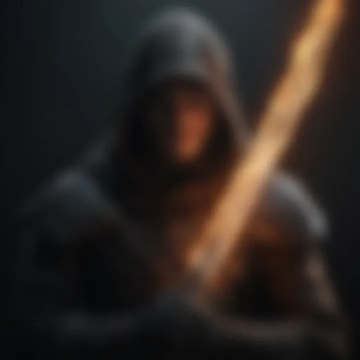 Mysterious hooded figure holding a blazing sword in the darkness