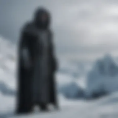 Mysterious hooded figure standing in a snowy landscape