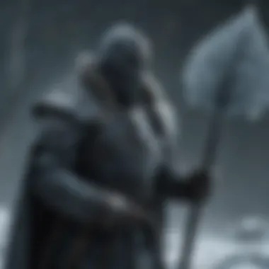 Shadowy figure wielding a frost-covered shovel