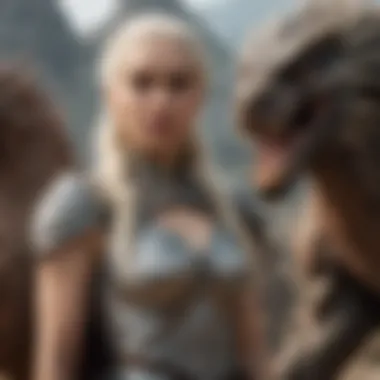 Daenerys Targaryen with her dragons in the backdrop