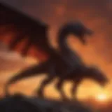 Dragon silhouette against a fiery sunset sky