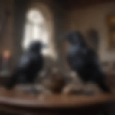 Gothic-inspired setting showcasing a collection of stuffed ravens