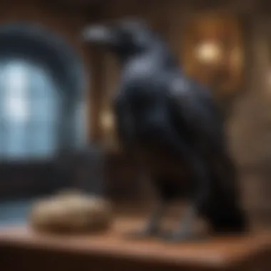 Artistic display of a stuffed raven in a museum setting