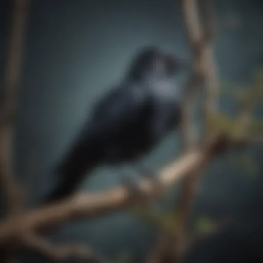 Ethereal raven taxidermy perched on a branch