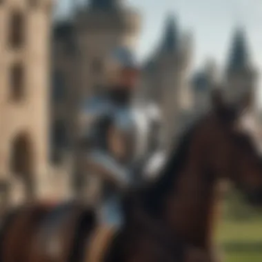 Knight in armor riding a horse with a castle in background