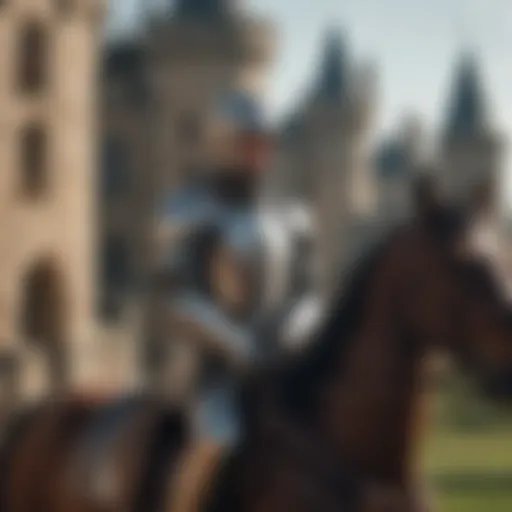 Knight in armor riding a horse with a castle in background