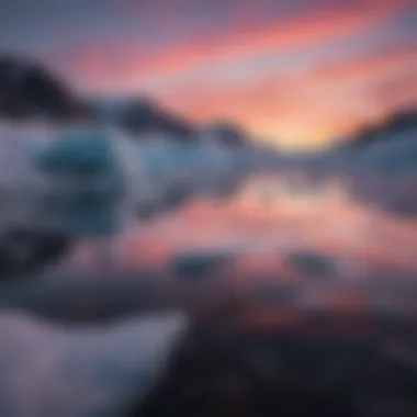 Glacial ice reflecting vibrant hues of pink and purple under the midnight sun