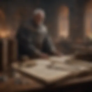 The Maester's Domain of Knowledge A maester adorned in his chain, surrounded by ancient scrolls and books of knowledge