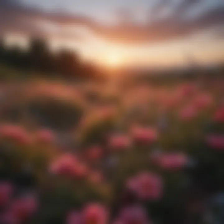 Sunset illuminating a field of blooming flowers