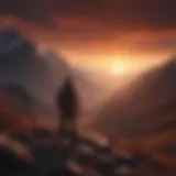 Silhouette of a lone figure against a fiery sunset in the mountains