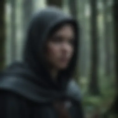 Mysterious hooded figure in a dark forest