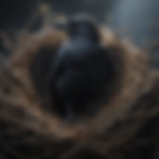 Mystical crow perched atop a nest