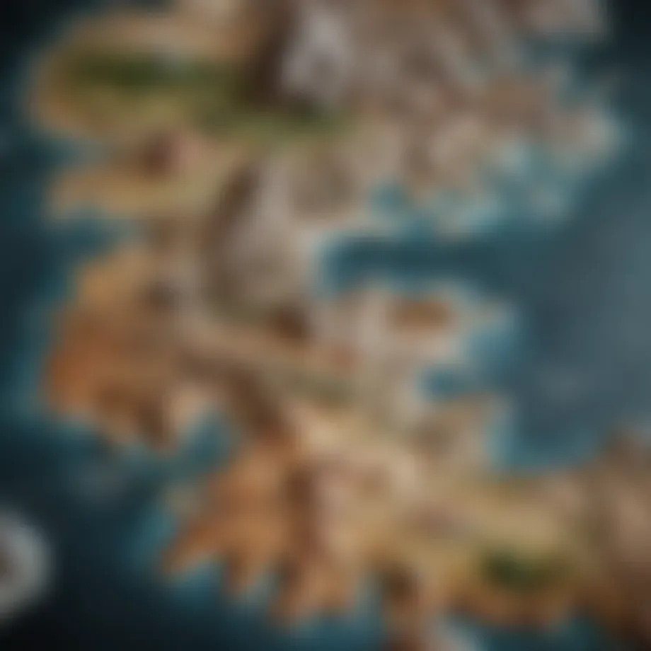 An intricate map of Westeros highlighting key locations from the Game of Thrones game.