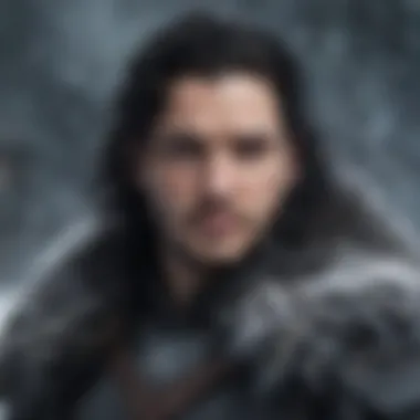 Portrait of a brooding Jon Snow against a backdrop of swirling snowflakes