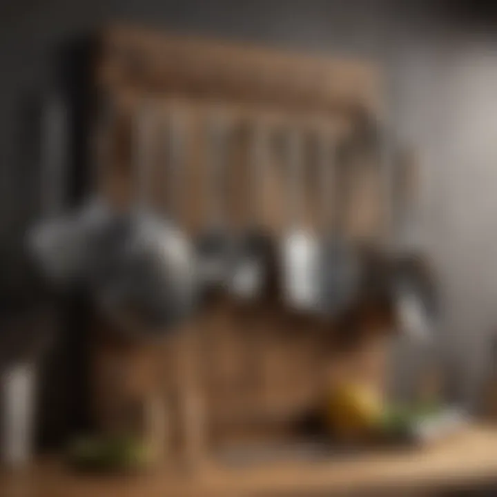 Stylish kitchen utensils hanging on a wooden rack