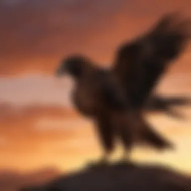 A dramatic scene depicting a hawk silhouetted against a fiery sunset.