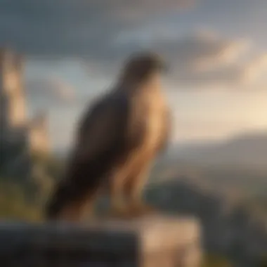 A majestic hawk perched atop a castle wall, surveying the landscape.