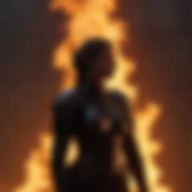 Fiery Silhouette: Oakheart Amidst Flames Silhouette of Oakheart against a backdrop of flames
