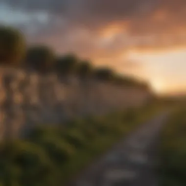 A panoramic view of stone hedges during a dramatic sunset