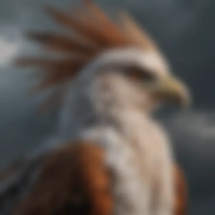 Intricate feather details of the Stormcrow against a backdrop of storm clouds