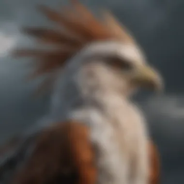 Feathered Majesty of the Stormcrow Intricate feather details of the Stormcrow against a backdrop of storm clouds