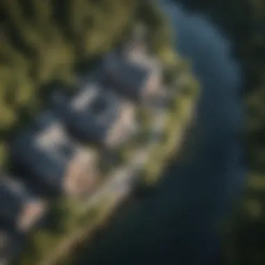 An aerial view of River Run houses nestled along the river, illustrating their strategic positioning.