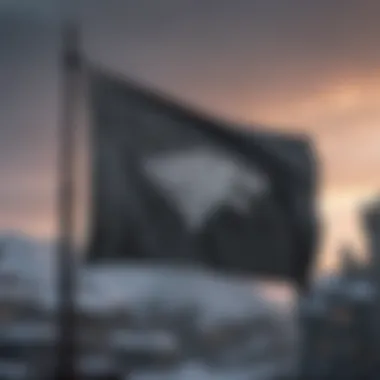 A detailed representation of the Stark banner waving in the winds of Winterfell.