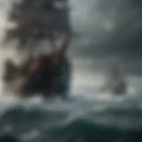 A dramatic naval battle between ships in the stormy waters of Westeros